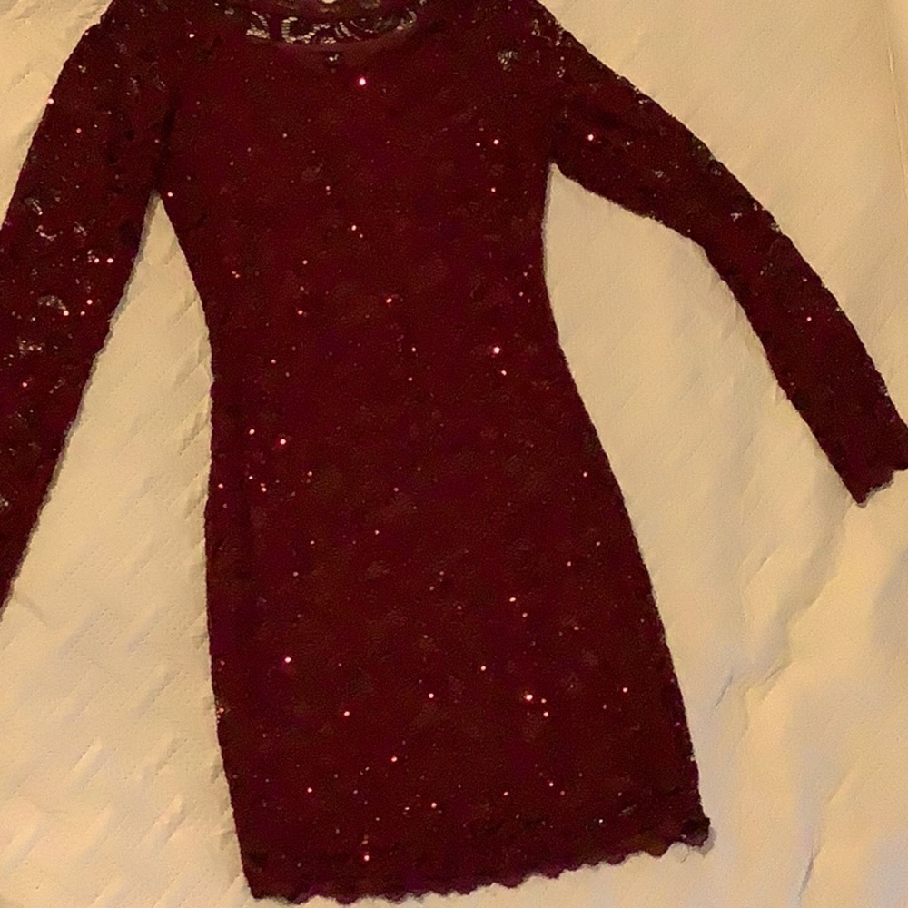 Sequins burgundy dress, lace overlay size m